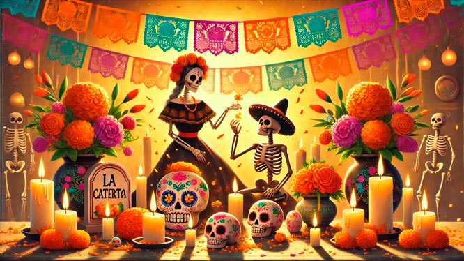 Escena de Día de Muertos con esqueletos vestidos, calaveras decoradas, flores de cempasúchil, velas y papel picado colorido en un altar festivo