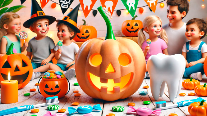 Niños disfrazados celebrando Halloween junto a una calabaza iluminada, rodeados de dulces, cepillos de dientes y decoraciones que promueven el cuidado dental