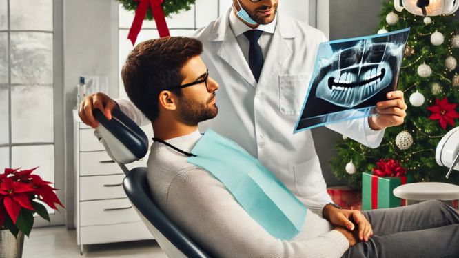 Dentista mostrando una radiografía dental a un paciente en una clínica decorada para Navidad