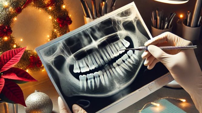 Dentista con guantes sosteniendo y revisando una radiografía dental, decoraciones navideñas de fondo