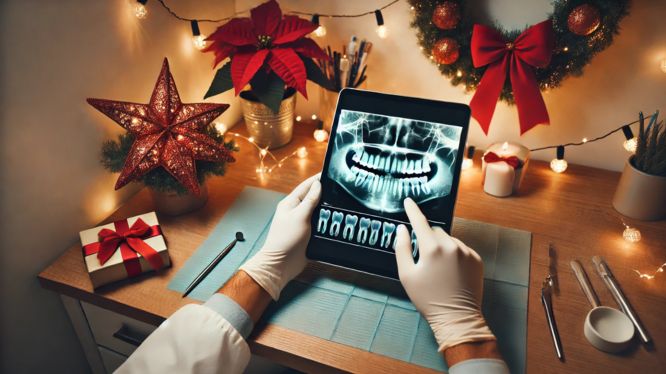 Dentista con guantes revisando radiografía dental en una tablet, con decoraciones navideñas alrededor