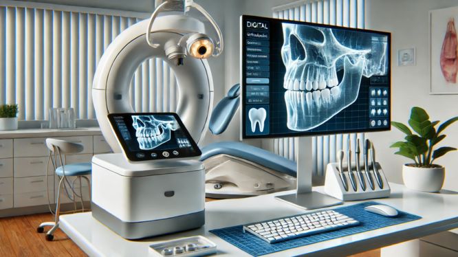 Esta imagen muestra un entorno moderno de una clínica dental con tecnología avanzada. Destaca un escáner intraoral iTero junto con una pantalla digital que presenta imágenes detalladas de un cráneo y dientes, ideal para diagnósticos precisos y planificación odontológica. El espacio está diseñado para reflejar innovación, limpieza y profesionalismo.