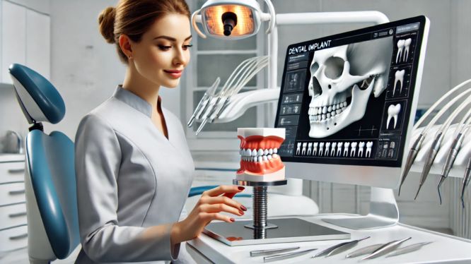 Esta imagen muestra a una dentista en un entorno clínico moderno, planificando un implante dental. Ella está utilizando un modelo dental físico y observando una pantalla que muestra un modelo 3D detallado de un cráneo y dientes, lo que refleja un enfoque profesional y preciso en odontología avanzada.