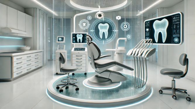 Esta imagen muestra un entorno futurista en una clínica dental, con un diseño moderno y tecnología avanzada. Destacan las pantallas digitales con imágenes de dientes, equipos odontológicos de última generación, y un ambiente limpio y profesional, ideal para procedimientos innovadores en odontología.