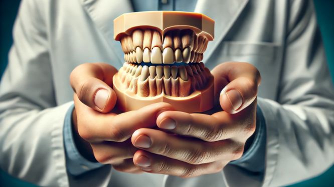 Manos sosteniendo un modelo dental 3D hecho de resina, mostrando detalles precisos de dientes y encías en un entorno profesional, destacando la tecnología moderna en odontología