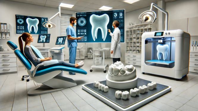 Escena en una clínica dental moderna mostrando un equipo de odontología utilizando tecnología avanzada como impresión 3D y modelos digitales en pantalla, destacando la precisión e innovación en el cuidado dental