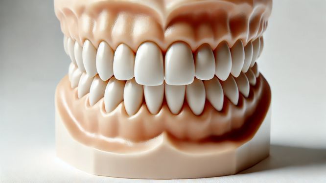 Modelo dental realista mostrando detalles precisos de dientes y encías, ideal para aplicaciones de tecnología odontológica avanzada en un entorno profesional