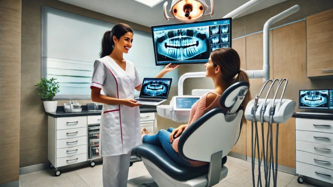 Dentista sonriente interactuando con una paciente en un consultorio dental moderno. La doctora muestra imágenes digitales de un diagnóstico en una pantalla grande y una computadora portátil, mientras la paciente escucha atentamente, sentada en el sillón odontológico. El ambiente es limpio, organizado y profesional, con gabinetes, herramientas modernas y decoración cálida. La escena transmite tecnología avanzada, atención personalizada y confianza