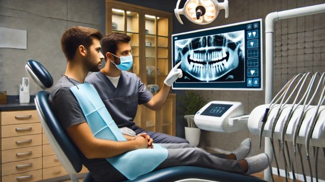 Doctor colocando brackets a un paciente en un consultorio dental moderno. El doctor, vestido con uniforme clínico, trabaja con precisión mientras el paciente, relajado, permanece en el sillón odontológico. En el fondo, gabinetes organizados, herramientas avanzadas y una pantalla muestran imágenes radiológicas. La escena refleja profesionalismo, tecnología avanzada y atención personalizada