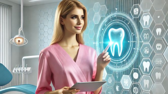 Dentista moderna en una clínica de alta tecnología, sosteniendo una tableta y señalando un holograma digital de un diente, con íconos relacionados con salud dental en el fondo