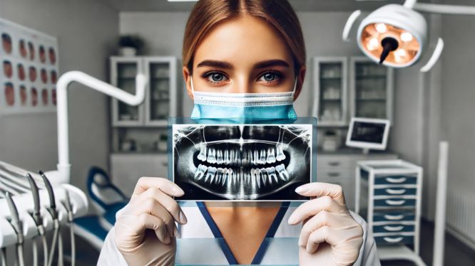 Dentista rubia con ojos azules sosteniendo una radiografía panorámica de dientes en un consultorio odontológico moderno. Lleva guantes y mascarilla, con equipo dental y estanterías en el fondo