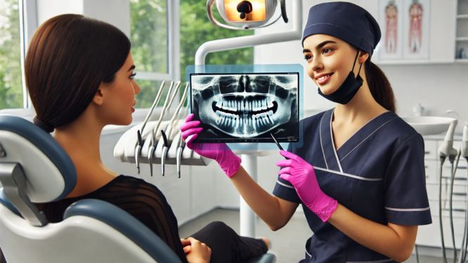 Dentista con uniforme azul marino y guantes rosas explicando una radiografía panorámica a una paciente en un consultorio odontológico moderno. La paciente, con cabello oscuro, está sentada en un sillón dental mientras observa la imagen. Equipos y herramientas dentales visibles en el fondo