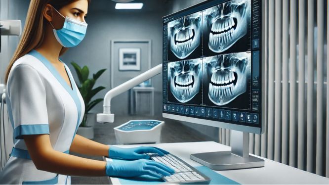 Una dentista con bata blanca y guantes azules analiza radiografías dentales en un monitor de computadora en un entorno clínico moderno y bien iluminado. La pantalla muestra imágenes detalladas de radiografías panorámicas de dientes