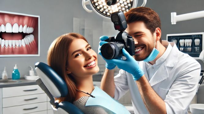 Dentista con guantes azules y mascarilla toma una fotografía profesional a una paciente sonriente sentada en un sillón dental. El consultorio es moderno y bien iluminado, con equipo odontológico en el fondo